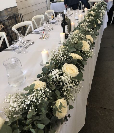 Wedding Top Table Flowers, Top Table Flowers, Wedding Table Garland, Wedding Top Table, Non Traditional Wedding Ring, Gypsophila Wedding, Table Flower Arrangements, Table Garland, Head Table Wedding