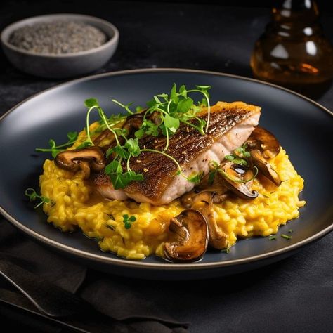 Saffron Mushroom Risotto, Elegant Main Course, Gourmet Main Course, Fine Dining Pasta Recipes, Main Course Wedding Food, Bistro Food Ideas Dishes, Salmon Fine Dining Plating, Michelin Star Food Recipes, Salmon Main Course