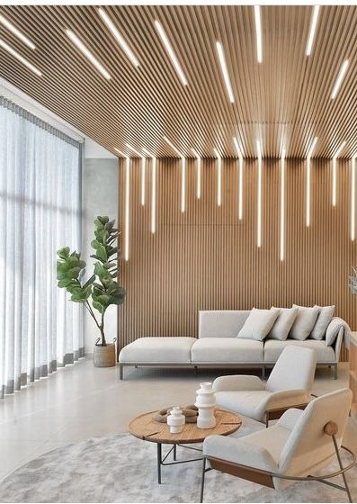 Ceiling Reception Design, Modern Pvc Ceiling Design For Hall, Wood Slats Ceiling Design, Reception Ceiling Design, Pvc Panel Ceiling Design, Fluted Ceiling, Pvc Wall Panels Designs, Wall Panel Designs, Living Room Interiors