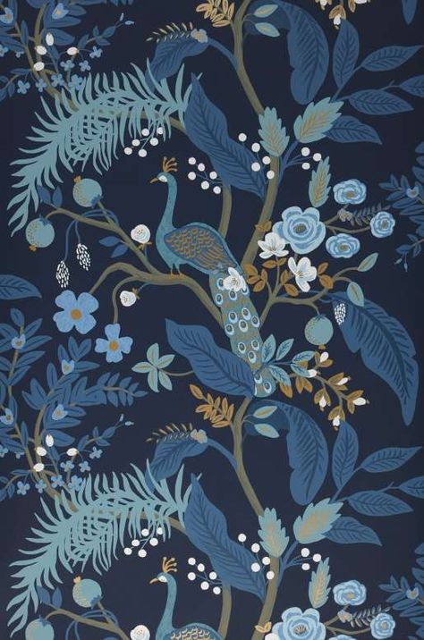 Wallpaper | Wallpaper from the 70s Blue And Gold Peacock Wallpaper, Peacock Blue Wallpaper, Peacock Feathers Wallpaper, Papier Peint Art Nouveau, Wallpaper Peacock, Tropical Night, Pastel Turquoise, Peacock Wallpaper, Batten Wall