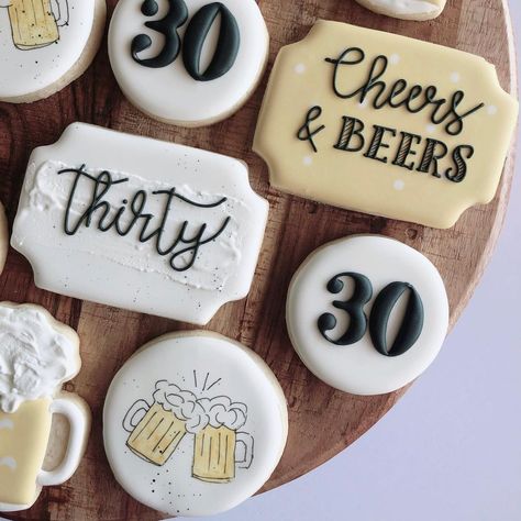 Tracy | Camlachie, On’s Instagram photo: “Happy Monday! Cheers 🍻 . . . #cheersandbeers #beercookies #cheersandbeerscookies #thirtycookies #birthdaycookies #celebrationcookies…” Cheers And Beers Cookies, Cheers To 30 Years Cookies, Man Birthday Cookies Decorated, 30th Birthday Cookies For Men, Cheers And Beers To 30 Years, 30 Birthday Cookies, Cheers Cookies, Whisky Cookies, 30th Birthday Cookies