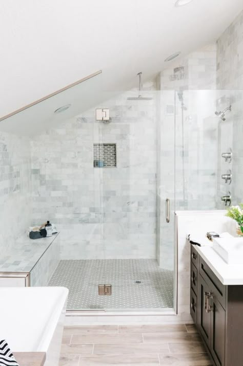 Check out this modern rustic bathroom with a vaulted ceiling on HGTV.com. Slanted Ceiling Bathroom, Sloped Ceiling Bathroom, Modern Rustic Bathroom, Attic Shower, Rustic Modern Bathroom, Small Attic Bathroom, Main Bathroom Ideas, Garage Addition, Loft Bathroom