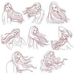 Redwork Embroidery Patterns, Wind Drawing, Hair In The Wind, Draw Hair, Hair Sketch, Drawing Heads, Hair Drawing, Small Drawings, 수채화 그림