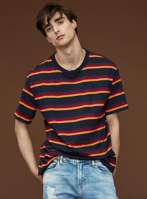 Retro stripe T-shirt | Le 31 | Shop Men's Printed & Patterned T-Shirts Online | Simons #styles #stripes Retro Striped Shirt, Vintage Tee Outfit Men, Striped Tshirt Outfits, Striped Shirt Outfit Men, Pattern Shirt Outfit, Stripe Tee Outfit, Stripes Tshirt, Stripped Tshirt, Striped Tshirt Men