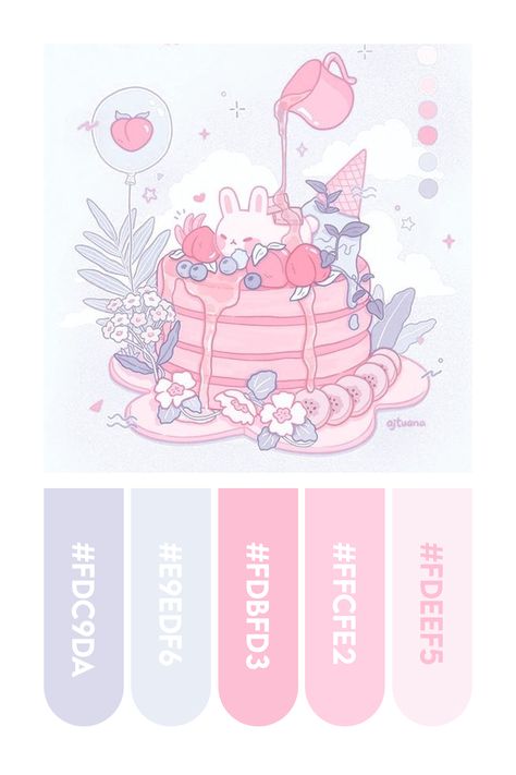 A cute color palette to inspire your next drawing! Colors picked from an illustration by @ajtuana 🥰💕 Pastel Cool Color Palette, Kawaii Colors Palette, Cute Pastel Palette, Pastel Pink Pallet, Kawaii Pallete Color, Colors Aesthetic Palette, Cute Colour Pallete, Kawaii Color Pallete, Procreate Color Palette Pastel