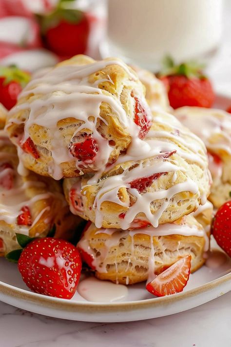 Strawberry Biscuits - Insanely Good Strawberry Biscuits, Frozen Biscuits, Scone Recipes, Biscuit Recipes, Biscuit Rolls, Breads & Buns, Vanilla Glaze, Recipes Sweet, Bread Recipes Sweet