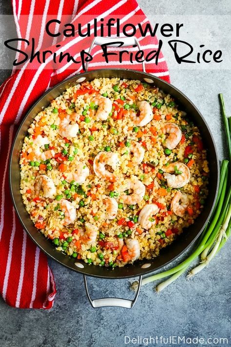 Chicken And Shrimp Cauliflower Fried Rice, Low Calorie Shrimp Fried Rice, Rice Cauliflower Fried Rice, Shrimp And Riced Cauliflower Recipes, Cauliflower Fried Rice With Shrimp, Keto Shrimp Fried Rice, Fried Rice With Cauliflower, Healthy Shrimp Fried Rice, Cauliflower Shrimp Fried Rice