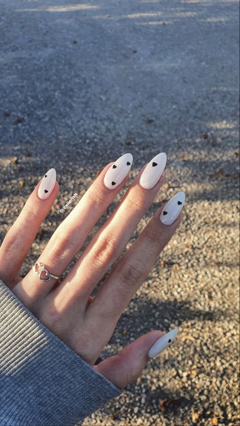 Milky White Nails Black Hearts Heart Nail Inspiration, Milky White Nails With Heart Design, Milky White Nails With Pink Heart, Milky Nails With Hearts, Milky White Nails With Black Design, Milky White Nails With Heart, Milky Black Nails, Milky White Nails With Black Heart, Black And White Nail Paint Design