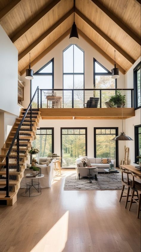 Modern Aframe Houses, Farmhouse With Big Windows, House Plans Lots Of Windows, Houses With Lots Of Windows, Loft Above Living Room, House Lots Of Windows, Cabin With Lots Of Windows, Big Window House, Large Living Room Window Ideas