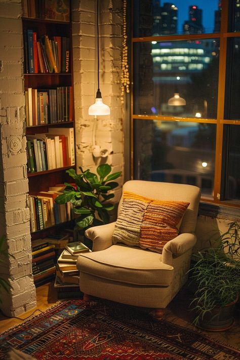 Snug Reading Corner, Bookcase Reading Corner, Small Reading Space Ideas, Reading Nook Wallpaper, Cosy Chair Cozy Corner, Home Library Small Space, Corner Reading Nook Ideas, Apartment Library Ideas Small Spaces, Reading Corner Aesthetic Bedroom