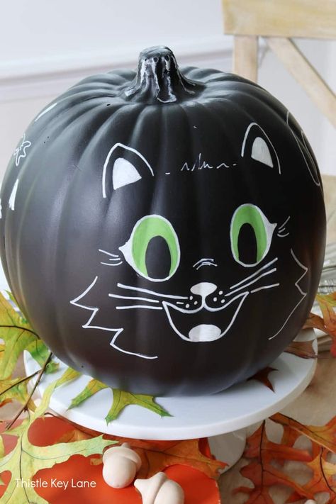 How To Make A Black Cat Pumpkin - Thistle Key Lane Kid Friendly Halloween Decorations, Cat Pumpkin Carving, Halloween Pumpkin Crafts, Black Cat Pumpkin, Black Cat Painting, Pumpkin Drawing, Pumpkin Painting Ideas, Kid Friendly Halloween, Halloween Party Dinner