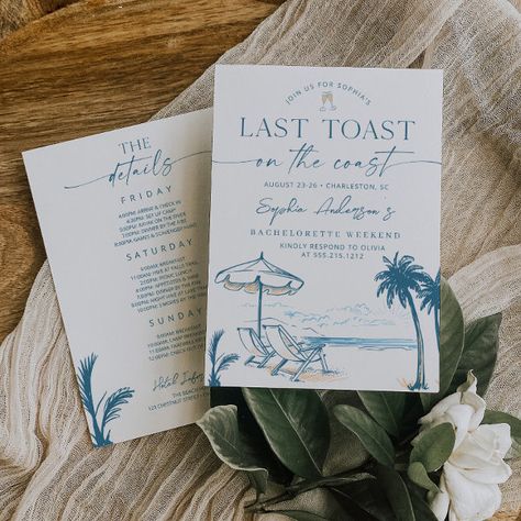 Last Toast on the Coast Bachelorette Party Invitation Coastal Bachelorette Party, Coast Bachelorette Party, Toast On The Coast Bachelorette, Coastal Bachelorette, Last Toast On The Coast, Toast On The Coast, Bachelorette Weekend Invitations, Bachelorette Itinerary, Relaxing Beach