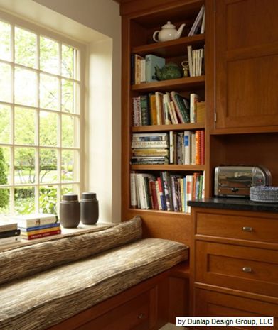 image Reading Nook In Kitchen, Chair Bookshelf, Window Bookcase, Bookcase Wood, Soapstone Countertops, Eclectic Kitchen, New Kitchen Designs, Countertops Kitchen, Shaker Cabinets