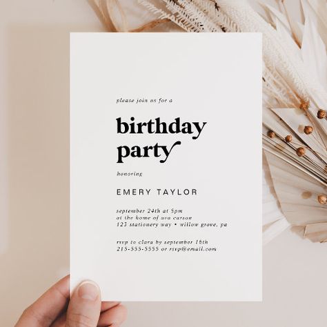 Modern Black Typography Birthday Party Invitation #zazzle #weddinginvitations #birthdayinvitations #babyshowerinvitations #zazzleinvitations #monogram #businesscards #graduation #homedecor Rustic Birthday Party, Birthday Party Elegant, Rustic Birthday Parties, Event Invitation Design, Elegant Birthday Invitations, Summer Birthday Invitations, Typography Invitation, Rustic Birthday, Minimalist Invitation