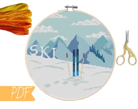 Ski Cross Stitch, Cross Stitch Skiing, Cross Stitch Mountain Pattern, Cross Stitch Outdoors, Cross Stitch Mountains, Yosemite Cross Stitch, Cross Stitch Winter, Nature Embroidery, Cross Stitch Projects Ideas