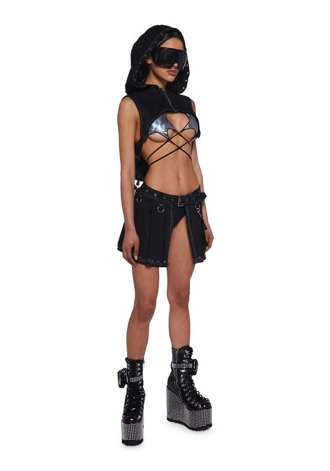 Goth Rave Outfits, All Black Rave Outfit, Rave Outfits Skirts, Black Rave Outfits, Rave Outfits Women, Tech Outfit, Rave Skirt, Rave Fit, Rave Style