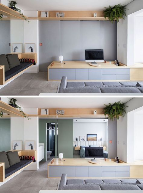 This Small Apartment In Brazil Has A Bedroom Hidden Behind A Sliding Wall | CONTEMPORIST Sliding Wall, Small Apartment Interior, Salon Interior Design, 아파트 인테리어, Small Room Design, Tiny Apartment, Home Design Decor, Modern Apartment, Apartment Interior