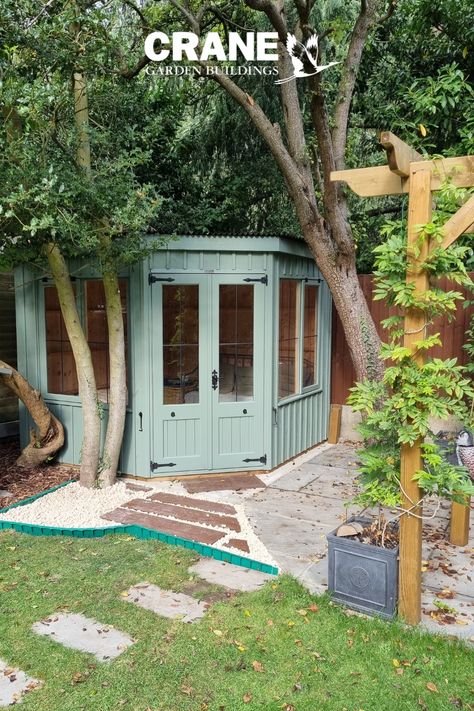 Orford National Trust Summerhouse painted in Terrace Green Summer House Uk, Corner Garden Shed, Brick Garden Office, Corner Garden Office, Corner Summer House Ideas, Small Garden Office Ideas, Garden Studio Ideas, Inside Garden Room, Sicily Garden