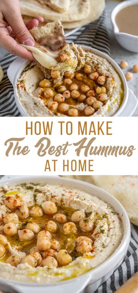 If you're wondering how to make hummus at home using simple ingredients, you've come to the right place! We're ready to teach you our top tips and tricks to achieve the softest, fluffiest, creamiest hummus dip ever. Drizzle with olive oil, smoked paprika, za'atar, then dig in with warm pita bread! The Best Hummus, Best Hummus Recipe, Best Hummus, Dried Chickpeas, Healthy Superbowl Snacks, App Ideas, Make Hummus, Healthy Vegan Snacks, Homemade Hummus