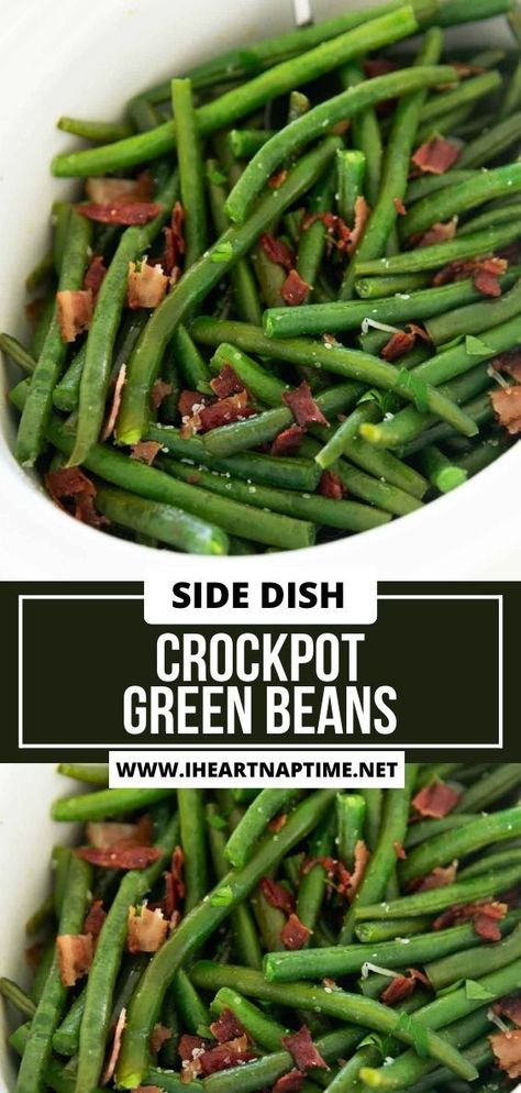 These crockpot green beans are a simple side dish made with fresh green beans, onion and smokey bacon! This easy recipe made in the slow cooker will be your new favorite. Crockpot Fresh Green Beans, Fresh Green Bean Recipes, Crockpot Green Beans, Green Beans Side, Slow Cooker Green Beans, Beans In Crockpot, Green Beans Side Dish, Southern Greens, Season Recipes