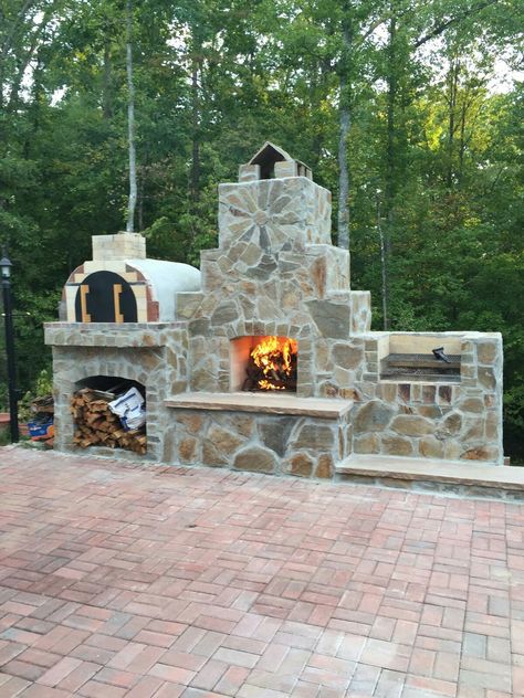 Homeowner built fireplace, pizza oven, and grill using a custom designed DIY construction plan from Backyard Flare.  www.backyardflare.com Outdoor Brick Pizza Oven And Grill, Pizza Oven Bbq Outdoor, Outdoor Fireplace Pizza Oven Combo, Backyard Patio On A Budget, Outdoor Fireplace And Pizza Oven, Diy Firepits, Fireplace And Pizza Oven, Yard Fireplace, Fireplace Pizza Oven