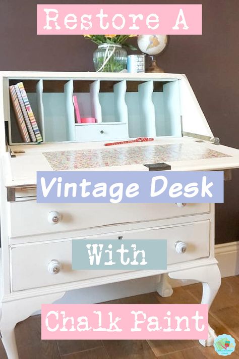 A Vintage Desk Restoration wirth chalk paint, how to upcylcle an old desk from EBAY and restore with chalk paint for a shabby chic effect. Shabby Chic Desk, Chic Desk, Old Desks, Home Board, Busy Family, Family Homes, Vintage Desk, Family Living, Vintage Pins