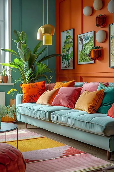 Mid Century Boho Eclectic Living Room, Bright Modern Decor, Bright Living Room Color Schemes, Home Decor Ideas Bright Colors, Bright Colors Living Room Ideas, Bright Colour Interior Design, Interior Design Bold Colors, Cozy Colourful Home, Living Room Designs Bright Colors