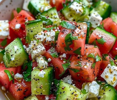 Watermelon Feta Cucumber Salad Recipe Watermelon And Cucumber Salad, Feta Cucumber Salad, Watermelon Cucumber Feta Salad, Cucumber Watermelon Salad, Watermelon Cucumber Salad, Feta Cucumber, Cucumber Watermelon, Cucumber Feta Salad, Cucumber Salad Recipe