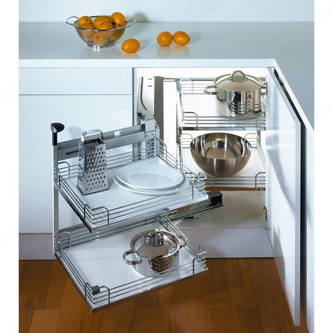 Magic Corner II Set for a Minimum Opening of 394 mm (15-1/2") - Richelieu Hardware Kitchen Corner Cupboard, Corner Cabinet Solutions, Magic Corner, Corner Kitchen Cabinet, Corner Kitchen, Corner Cupboard, Business Strategies, Kitchen Corner, Kitchen Cabinet Organization