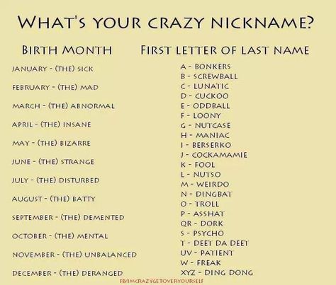 The insane psycho....so basically what my crush thinks of me... Nickname Quiz, Nicknames For Guys, Nickname Generator, Funny Name Generator, Nickname Ideas, Birthday Scenario, Funny Nicknames, Wake Ideas, Fantasy Names