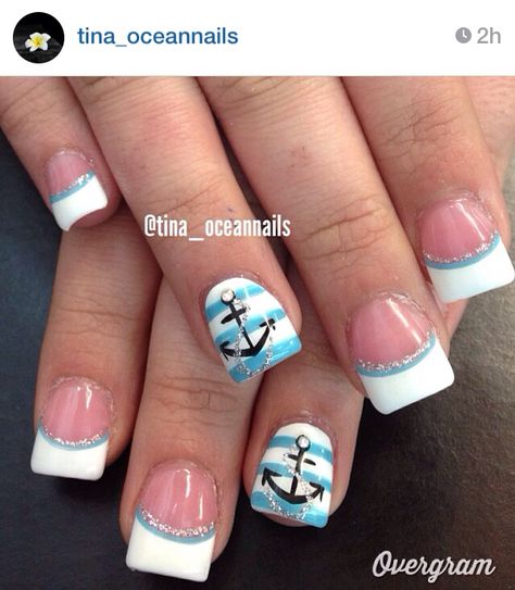 Can I please get these! Creds to Instagram @tina_oceannails Nail Design For A Cruise, Cruise French Tip Nails, French Beach Nails, Nails Design For Cruise, Nails For A Cruise Ship Summer, Cruise Nails Bermuda, Cruise Ship Nails Design, Anchor Nails Designs, Boat Nails