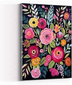 flower prints wall art,floral painting with various pink flowers on a black background,in the style of bright and bold color palette,whimsica,8''x12'' Framed Modern Canvas Wall Art Canvas Painting On Black Background, Flowers On Black Background, Flower Painting With Black Background, Painting Ideas Black Background, Flower Painting Black Background, Bold Flower Paintings, Floral With Black Background, Floral Painting On Black Canvas, Floral Painting On Black Background