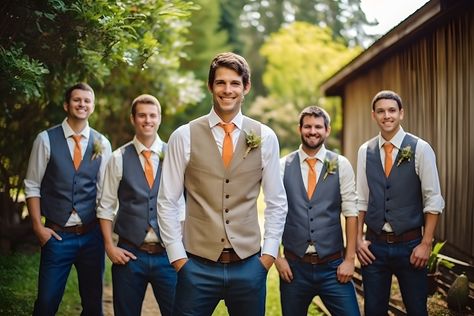 Groomsmen Jeans And Vest, Groomsmen In Jeans, Teal Groomsmen, Groomsmen Jeans, Fall Wedding Suits, Groomsmen Vest, Rustic Wedding Groomsmen, Orange Wedding Themes, Burnt Orange Wedding