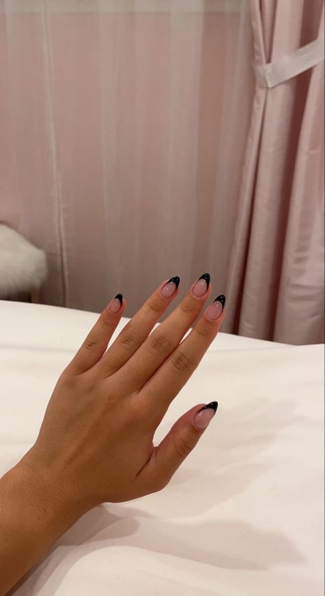 Black Round French Tips, Nails For A Black Prom Dress, Black French Tip Nails Almond Short, Nails Almond Black French, Edmonton Outfits, October Nails 2023, Hoco Nails Black, Black Almond French Nails, Nails To Match Black Dress