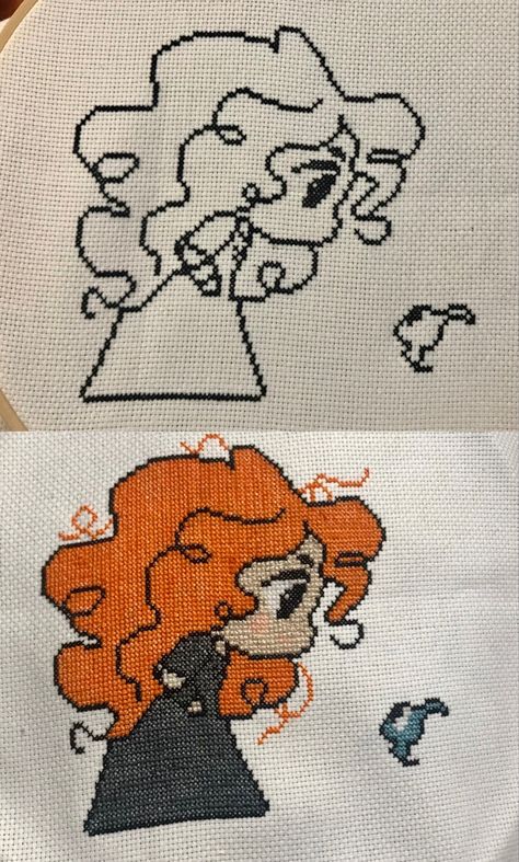 #brave #merida #crossstitch Merida Cross Stitch, Brave Cross Stitch, Brave Merida, Rapunzel Disney, Disney Brave, Crochet Tapestry, Embroidery Craft, Cute Toys, Cross Stitch Art