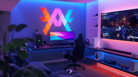 Nanoleaf and Razer team up to bring your dream battlestation to reality - techAU Nanoleaf Designs, Small Game Rooms, Music Visualization, Light Panels, Screen Mirroring, Gaming Room Setup, Gamer Room, Led Panel Light, Game Room Design