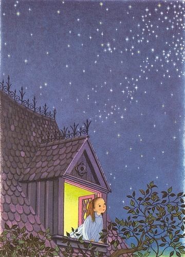 Looking at stars, it gives me hope, and hope is good c: 동화 삽화, Stars In The Sky, Children's Garden, Looking Out The Window, Art Et Illustration, Arte Fantasy, Art And Illustration, Dreamy Art, Childrens Illustrations