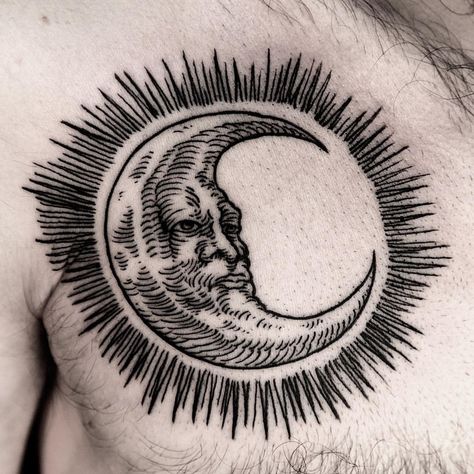 913 Likes, 3 Comments - ilja hummel (@iljahummel) on Instagram: “moon from last week” Woodcut Tattoo, Wood Cut, Moon Tattoo, Sun Moon, Tattoo Artist, I Tattoo, Body Art, Moon, Sun