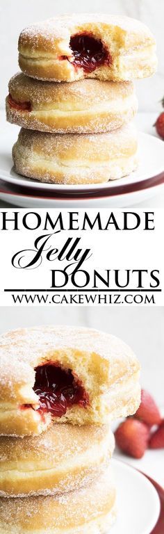 Learn how to make perfect HOMEMADE JELLY DOUGHNUTS (or donuts) with detailed instructions. Make them even more delicious by topping them with chocolate fudge frosting and strawberries. Great Summer dessert or snack. From http://cakewhiz.com: Recipes With Jelly In It, Dounats Recipe, Jelly Donuts, Jam Donut, Doughnuts Recipe, Jelly Doughnuts, Chocolate Fudge Frosting, Dessert Breakfast, Homemade Jelly