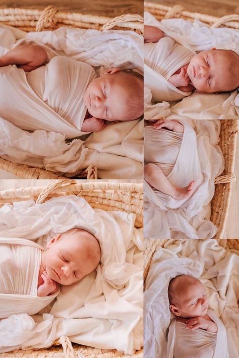 collage of newborn baby in moses basket swaddled in white Newborn Moses Basket Photography, Moses Basket Photography, Newborn At Home Photoshoot, Newborn Moses Basket, Basket Photography, Newborn Photos At Home, Newborn At Home, At Home Photoshoot, Home Photoshoot