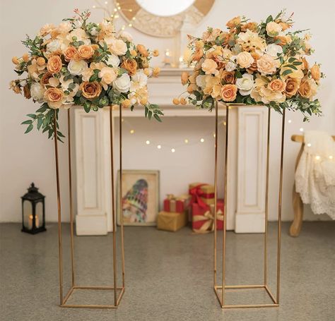 Free Standing Flower Arrangements, Tall Vase Wedding Centerpieces, Vases Wedding Centerpieces, Tall Wedding Vases, Wedding Table Vases, Flower Stand Wedding, Faux Flowers Wedding, Metal Column, Gold Wedding Flowers