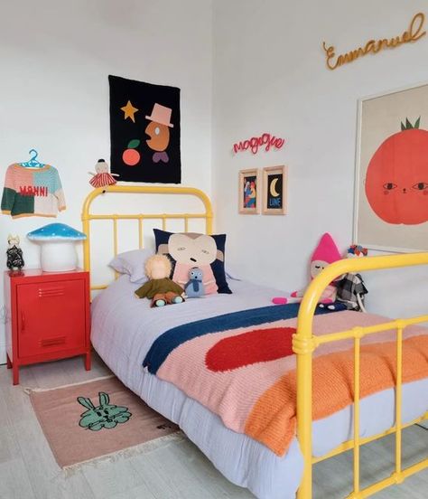 Wolfnoodle® on Instagram: "Manni's room makeover! ❤️" Colourful Childrens Bedroom, Eclectic Boys Room, Maximalist Kids Room, Yellow Kids Rooms, Yellow Bed, Eclectic Kids Room, Colorful Kids Room, Toddler Girl Room, Yellow Bedding