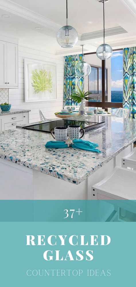 Seaglass Countertops, Sea Glass Countertop Kitchens, Sea Kitchen, Beachy Kitchens Ideas, Curava Recycled Glass Countertops, Sea Glass Kitchen Backsplash, Sea Glass Countertop, Teal Countertops, Aqua Countertops