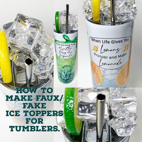 Learn how to make a fake/ faux ice topper for a sublimated tumbler. Follow on youtube channel: Nhia Lee Faux Ice Tumbler, How To Make Fake Ice Cubes, Ice Topper Tumbler, Dome Tumbler Ideas, Diy Tumbler Topper, Tumbler Lid Ideas, Ice Toppers For Tumblers, Diy Sublimation Tumbler, Tumbler Lid Toppers Diy