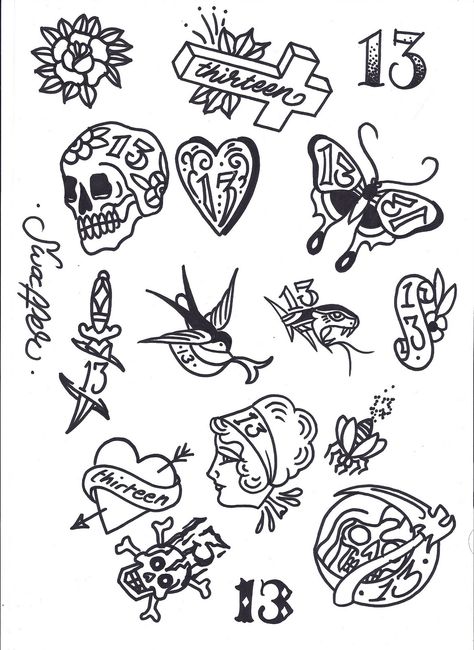 . Friday The 13th Flash, Tato Flash, Tato Tradisional, 13 Tattoo, Friday The 13th Tattoo, 13 Tattoos, Omerta Tattoo, Flash Tattoo Designs, Tattoo Flash Sheet