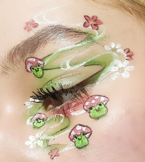 Plant Themed Makeup, Frog Eye Makeup, Cute Frog Makeup, Frog Makeup Look, Flower Make Up, Cottagecore Makeup Looks, Crazy Makeup Ideas, Duck Makeup, Frog Makeup