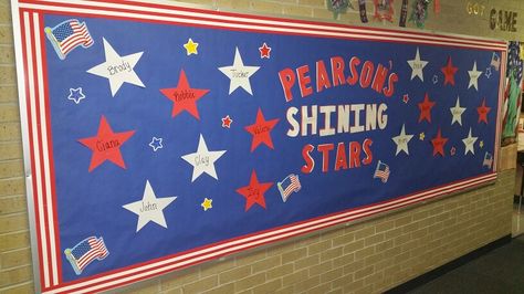 Patriotic Bulletin Board 2015-16 Usa Theme Classroom, Red White And Blue Bulletin Board Ideas, Red White Blue Bulletin Board, Red White And Blue Board, Usa Bulletin Board, Usa Classroom Theme, Patriotic Bulletin Board Ideas, Patriotic Library Displays, Bulletin Board Ideas For Elementary