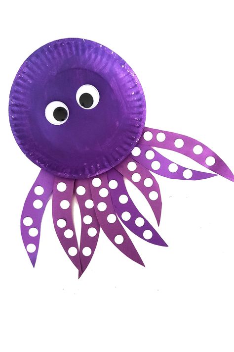 Kids love silly Octopus! It's one of the most magical sea creatures. That's why they will have so much fun creating this Paper Plate Octopus Craft. It's a quick and easy kids craft to engage little minds. Perfect to go with an ocean animal unit or just for fun. Paper Plate Octopus, Silly Octopus, Octopus Craft, Paper Plate Jellyfish, Octopus Crafts, Purple Plates, Paint Stir Sticks, Jellyfish Craft, Fun Summer Crafts