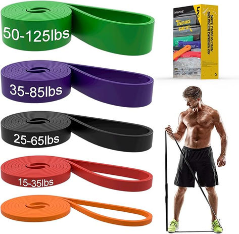 5 pull up bands, 1 carrying bag and 1 workout guide. Resistance bands are Orange 8-15lbs, Red 15-35lbs, Black 25-65lbs, Purple 35-85lbs, Green 50-125lbs. Use these exercise bands to perform rows, pulls, raises, and fly workout sets to exercise your arms, back, hips, legs, chest, and abdominal region. Workout Bands, Band Workouts, Full Body Workouts, Exercise Bands, Resistance Band Workout, Resistance Band Set, Strength Training Equipment, Muscle Training, Resistance Band Exercises