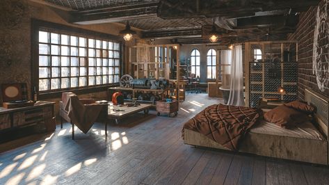 ArtStation - Visualization of atmospheric loft Warehouse Loft Bedroom, Loft Apartment Aesthetic Industrial, Artists Loft Apartment, Old Loft Apartment, Loft Two Bedrooms, Art Loft Apartment, Industrail Loft, New York Apartment Interior Loft Style, Dark Loft Apartment